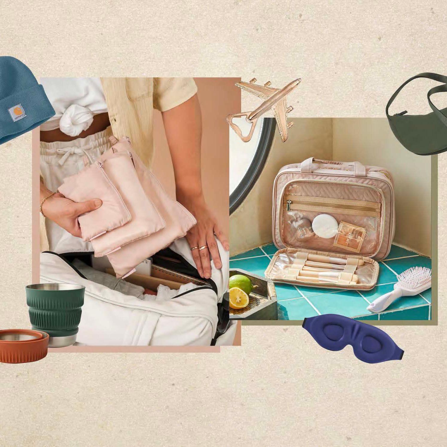 Couple packing travel accessories including toiletry organizer, sleep mask, collapsible cup, and travel pouches for a stress-free trip.