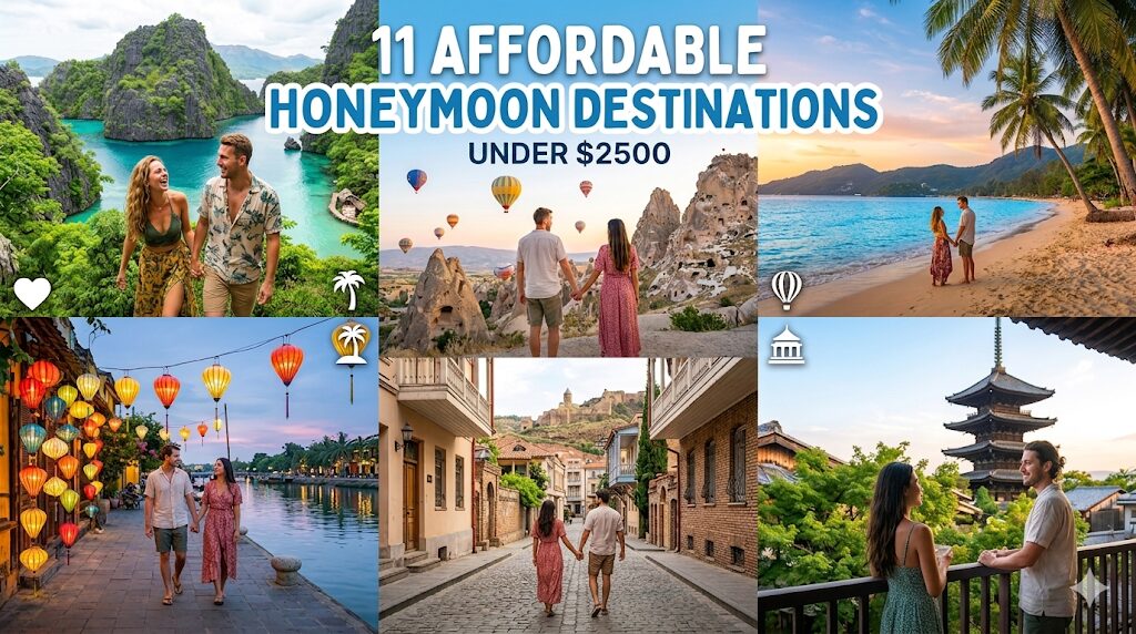 A collage of six affordable honeymoon destinations featuring couples in Palawan, Cappadocia, Phuket, Hoi An, Tbilisi, and Kyoto, with the text "11 Affordable Honeymoon Destinations Under $2500."