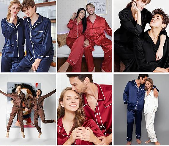 A collage of six photos showing different couples wearing matching silk and satin pajama sets in various colors like navy blue, bright red, black, brown, and white while lounging and hugging at home.